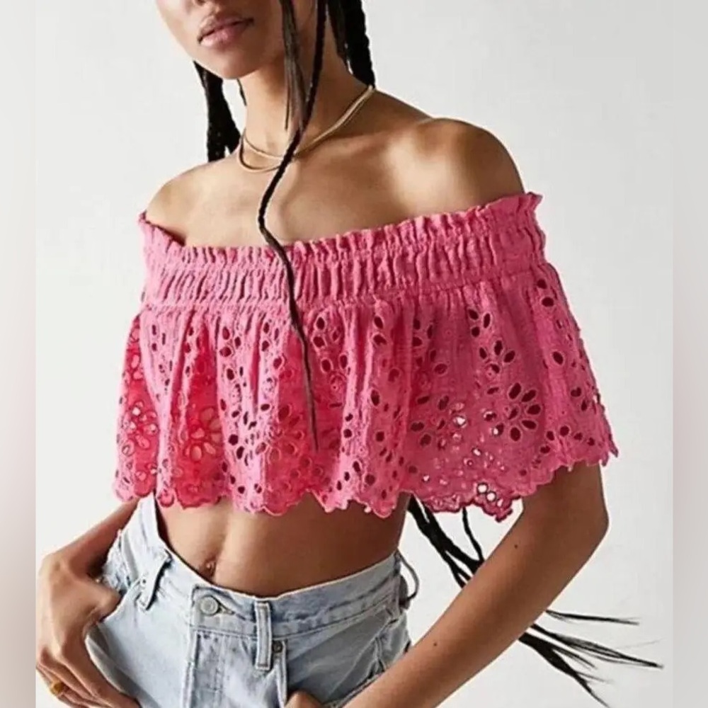 Free People One Perla Pink Eyelet Off Shoulder Crop Top Size L